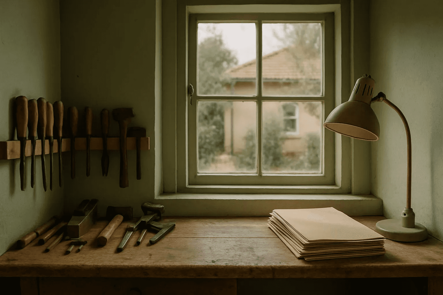 A small workshop with neatly arranged hand tools on a wooden bench and a window opening onto a quiet backyard