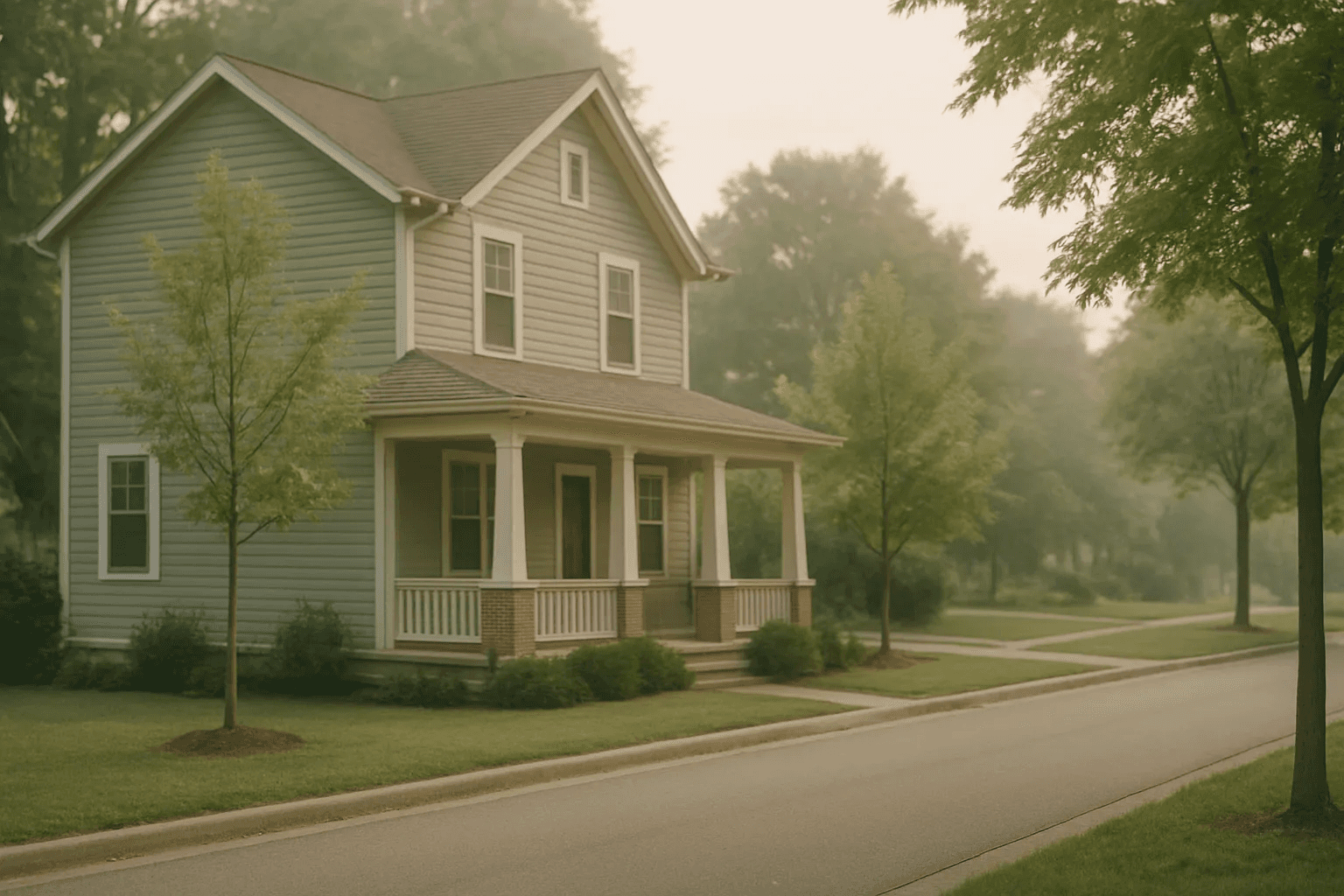 A two-story suburban house with a neat front porch and young trees along a quiet street in soft morning light