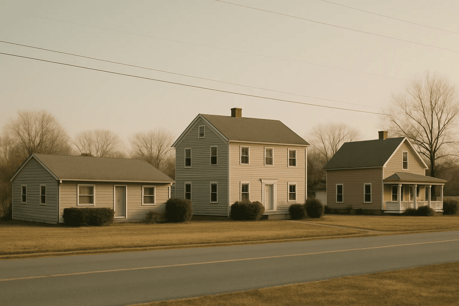 Three different houses side by side on a suburban street: a small ranch, a two-story colonial and a rural farmhouse