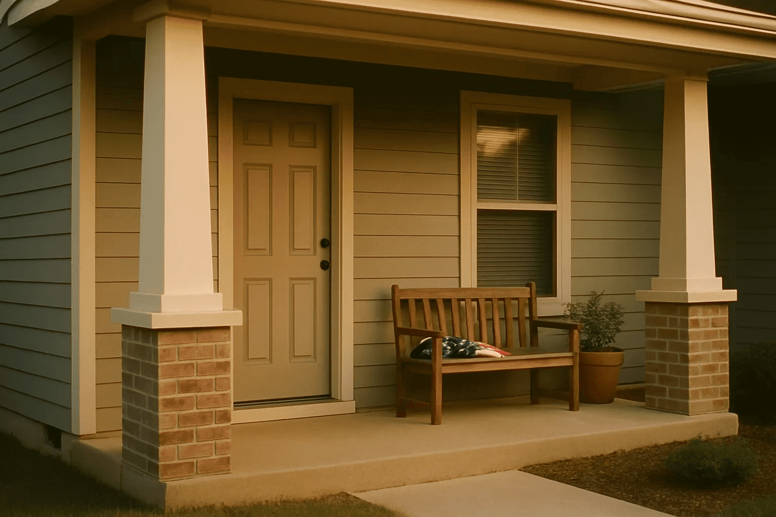 A single-family home with a covered front porch and a folded flag resting on a porch bench