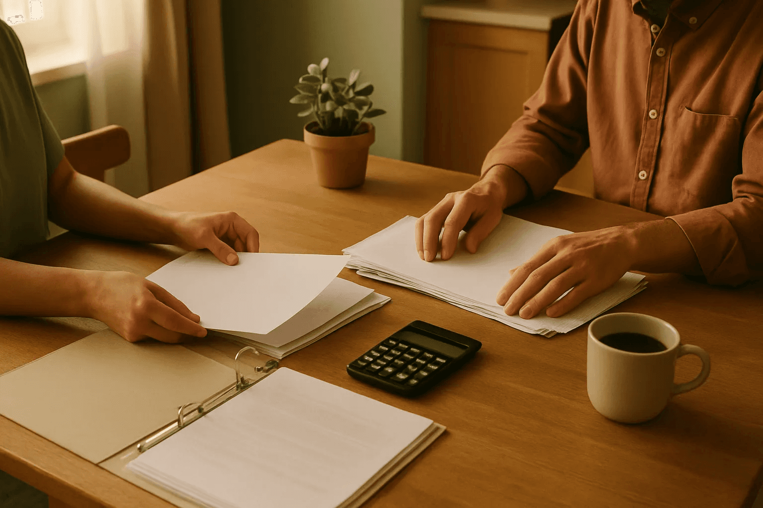 Una pareja revisa papeles en la mesa de la cocina junto a una carpeta de documentos y una calculadora